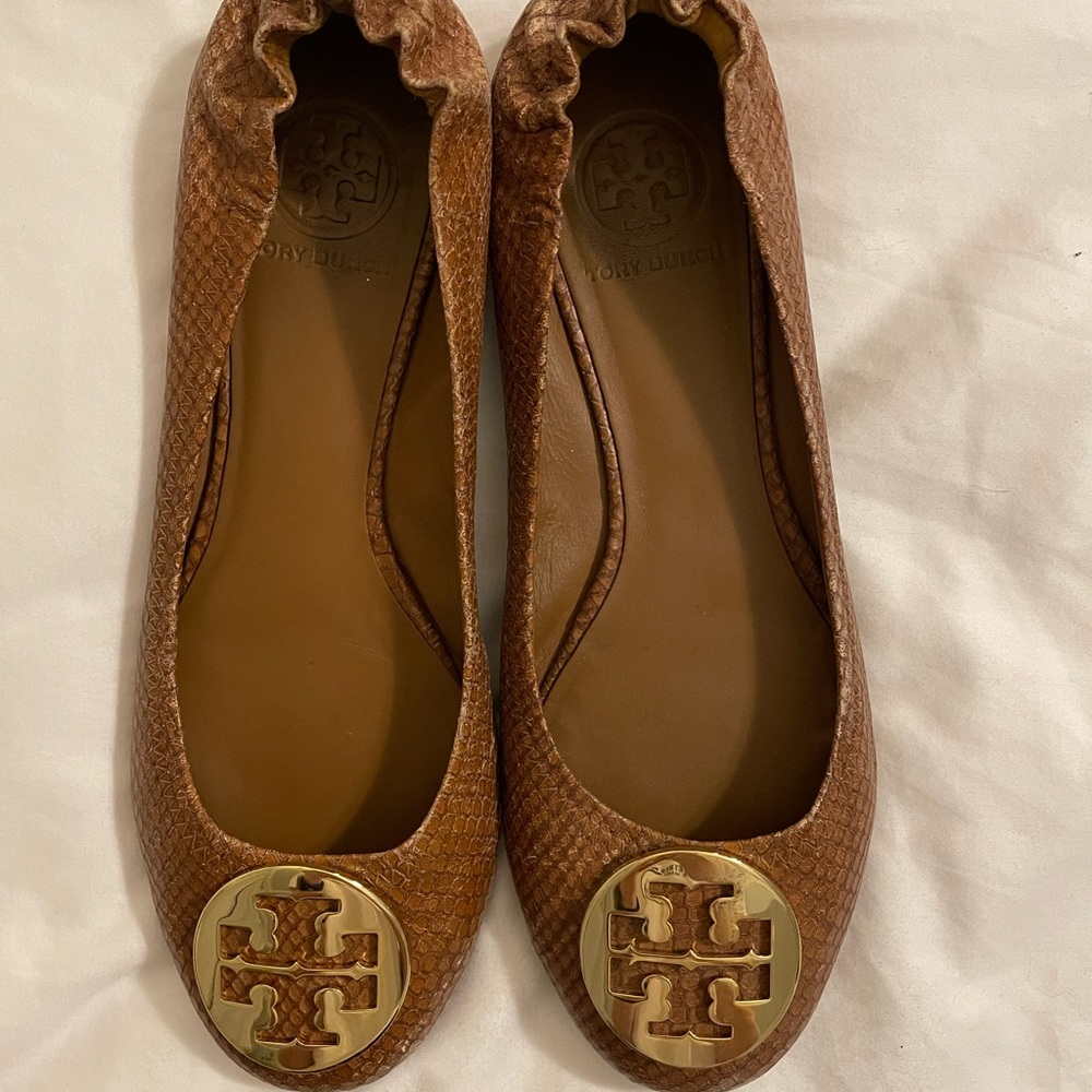 Tory Burch Cognac Snakeskin Flats